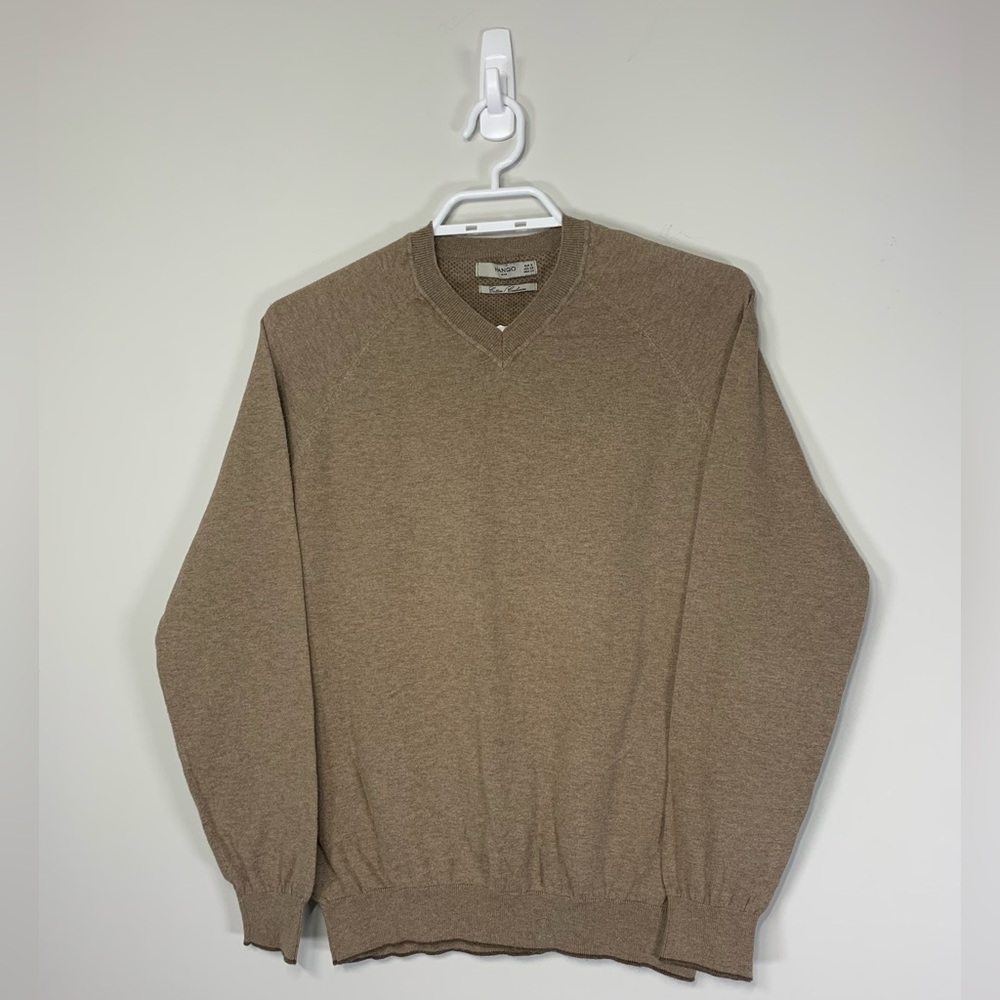Mango Man Tan Cotton Cashmere V-Neck Sweater Camel Brown Small XS